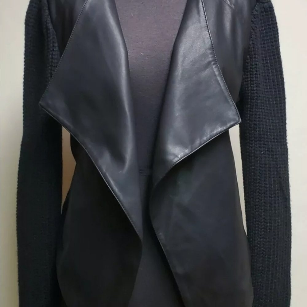 Black Faux Leather Knit Sleeve Fly Away Sweater